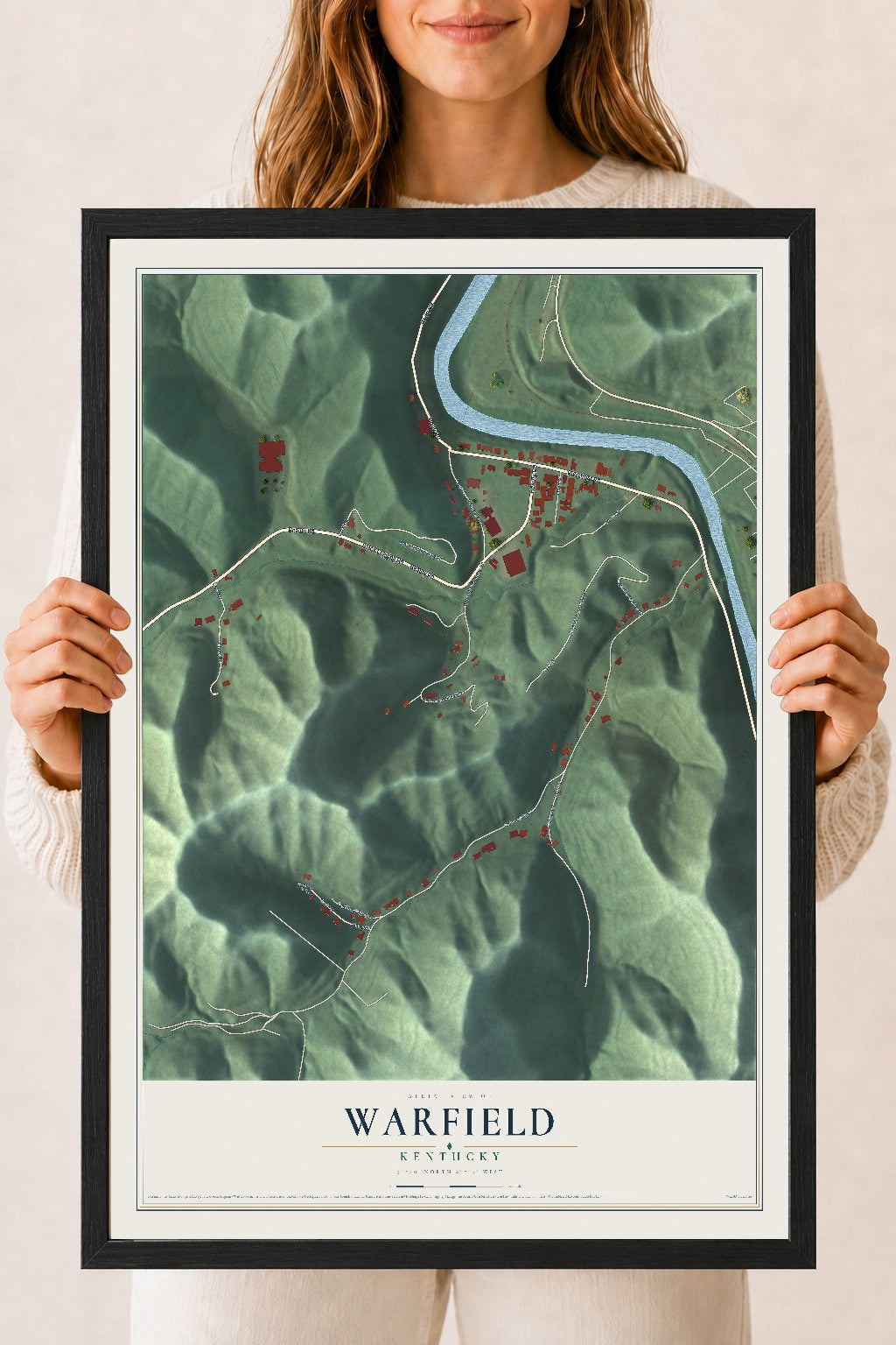 Map of Warfield, Kentucky, 18 x 24 inch print in a black wood frame