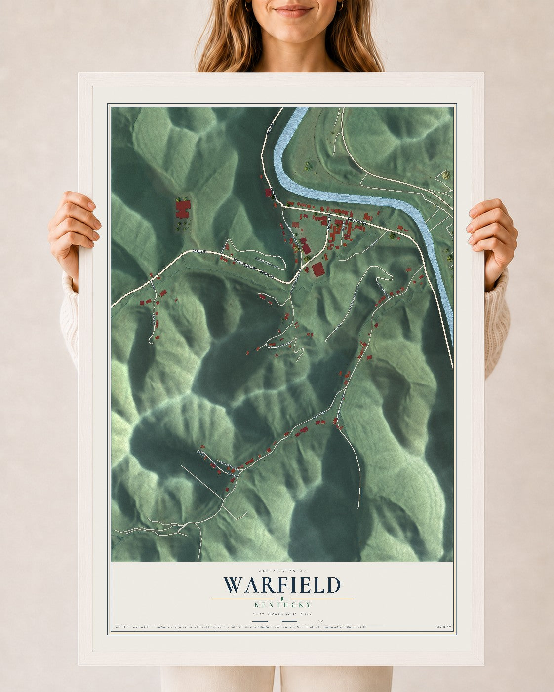 Map of Warfield, Kentucky, 24 x 36 inch print in a white wood frame