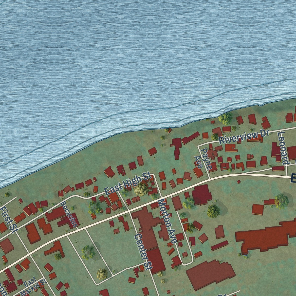 Second close-up of the map of Warsaw, Kentucky print showing more streets and buildings