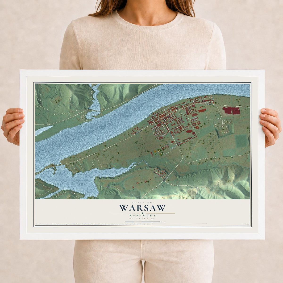 Map of Warsaw, Kentucky, 12 x 18 inch print in a white wood frame