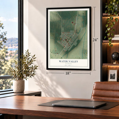 Water Valley, Kentucky map, 18 x 24 inch print in a black frame in a home office