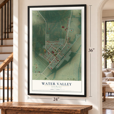 Water Valley, Kentucky map, 24 x 36 inch print in a black frame by a staircase