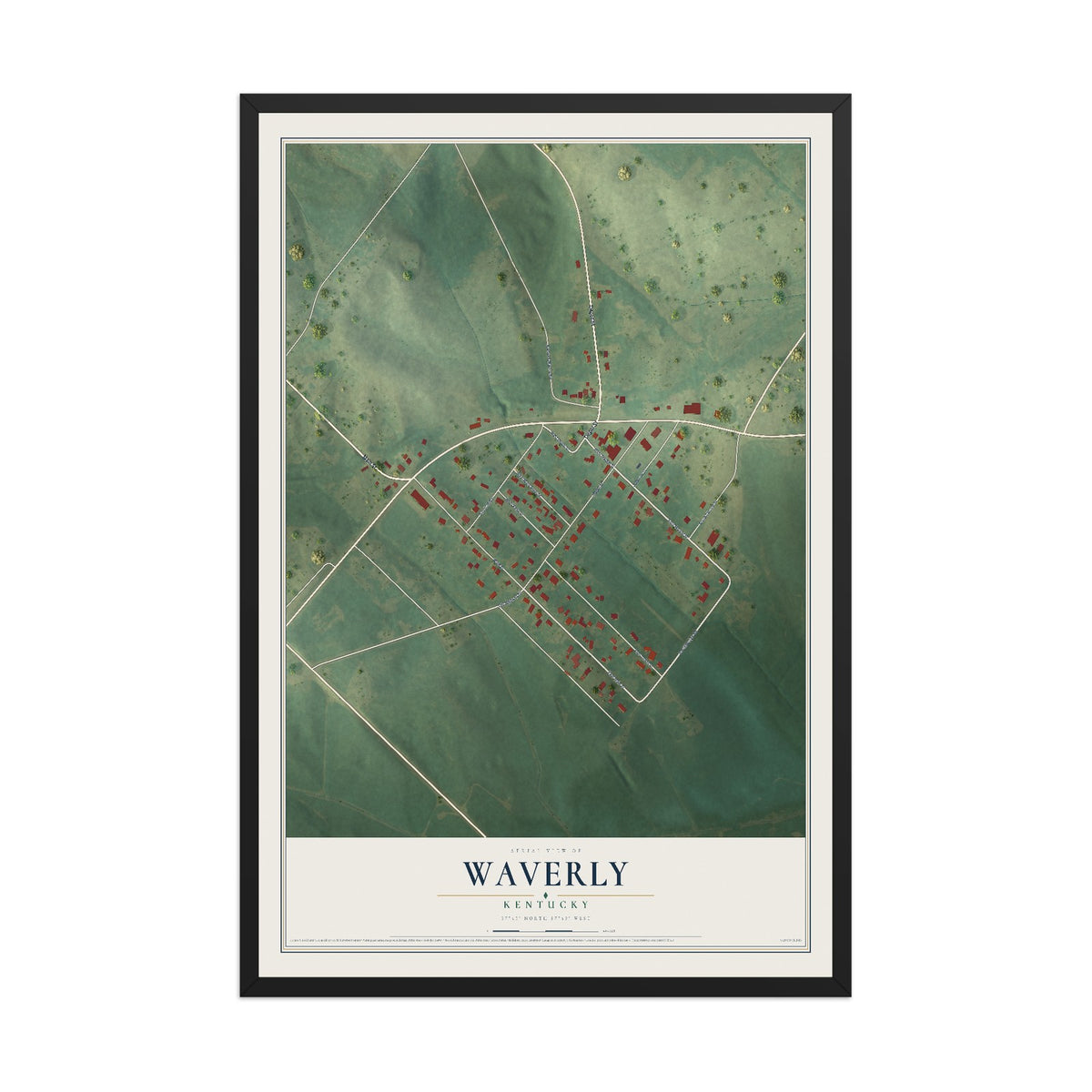 Map of Waverly, Kentucky, 12 x 18 inch print in a black wood frame