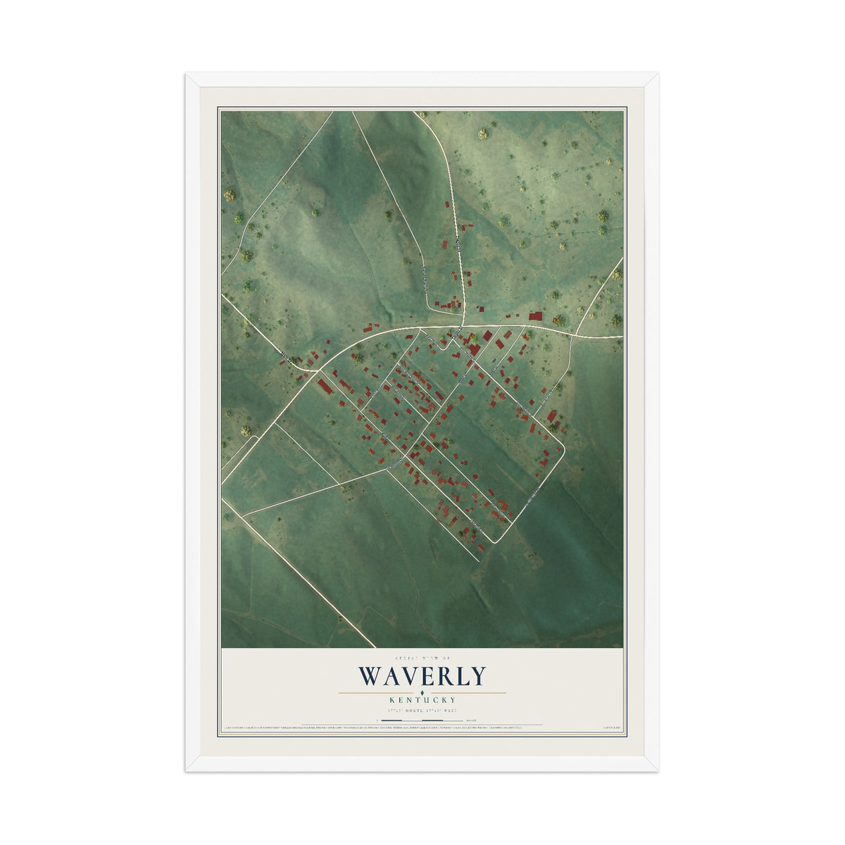 Map of Waverly, Kentucky, 12 x 18 inch print in a white wood frame
