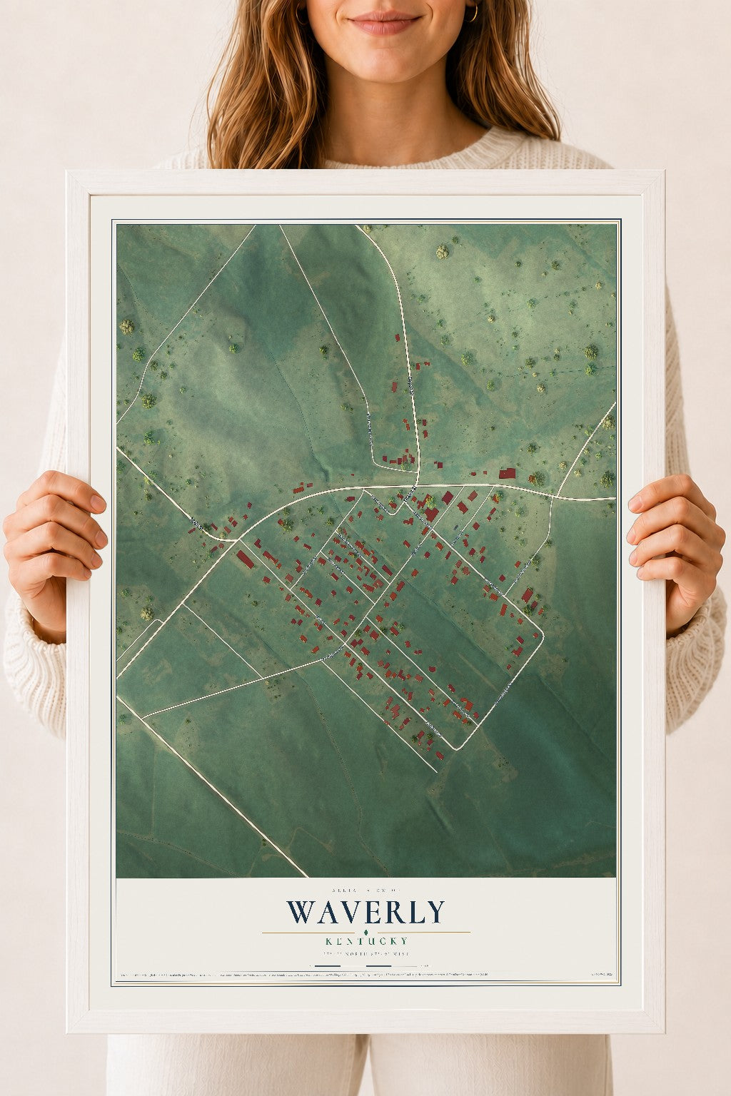 Map of Waverly, Kentucky, 18 x 24 inch print in a white wood frame