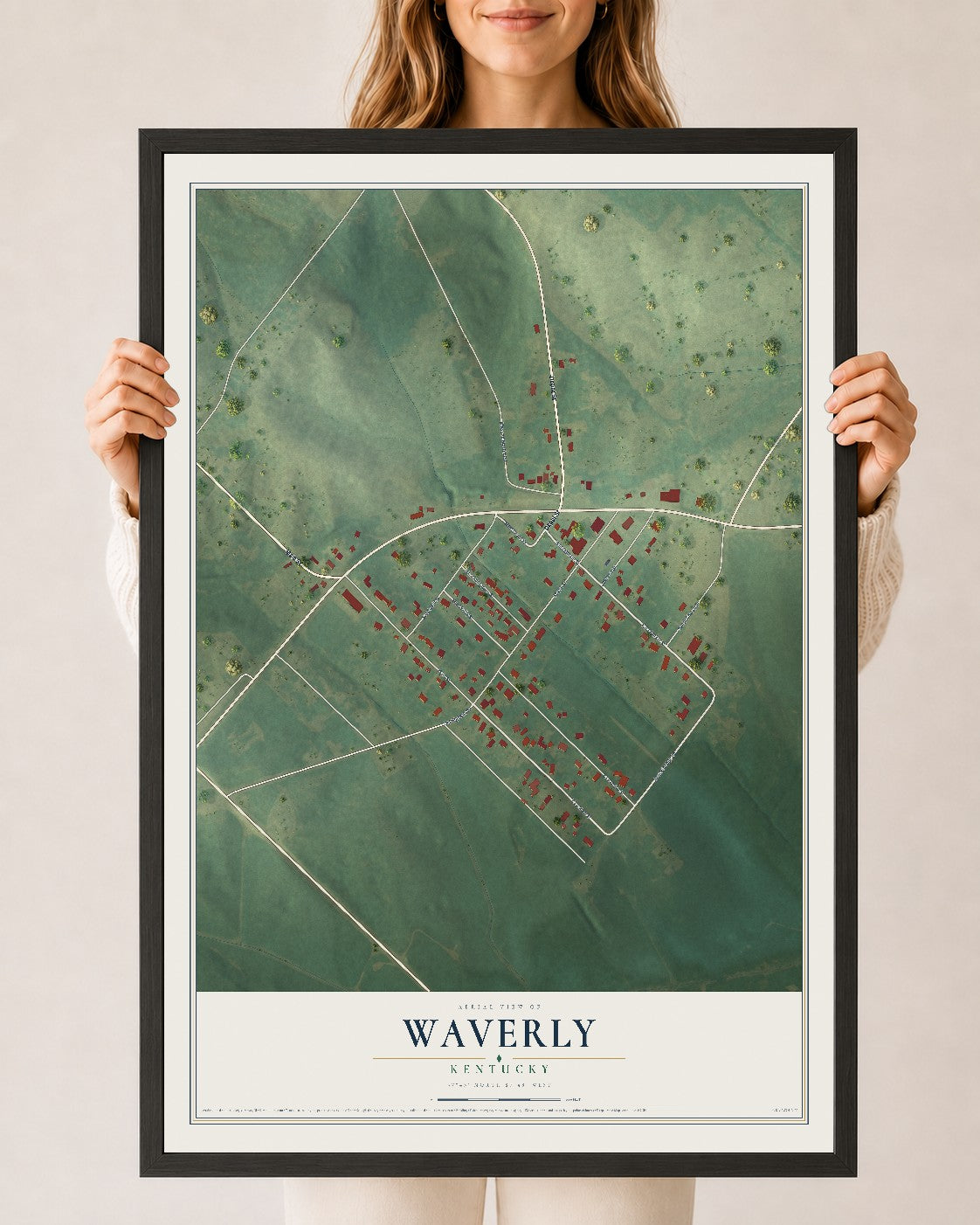 Map of Waverly, Kentucky, 24 x 36 inch print in a black wood frame