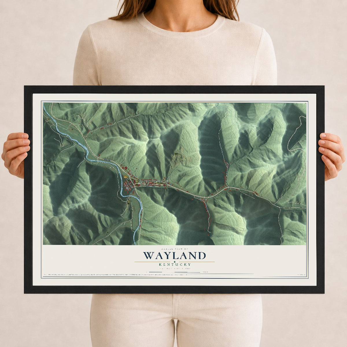 Map of Wayland, Kentucky, 12 x 18 inch print in a black wood frame