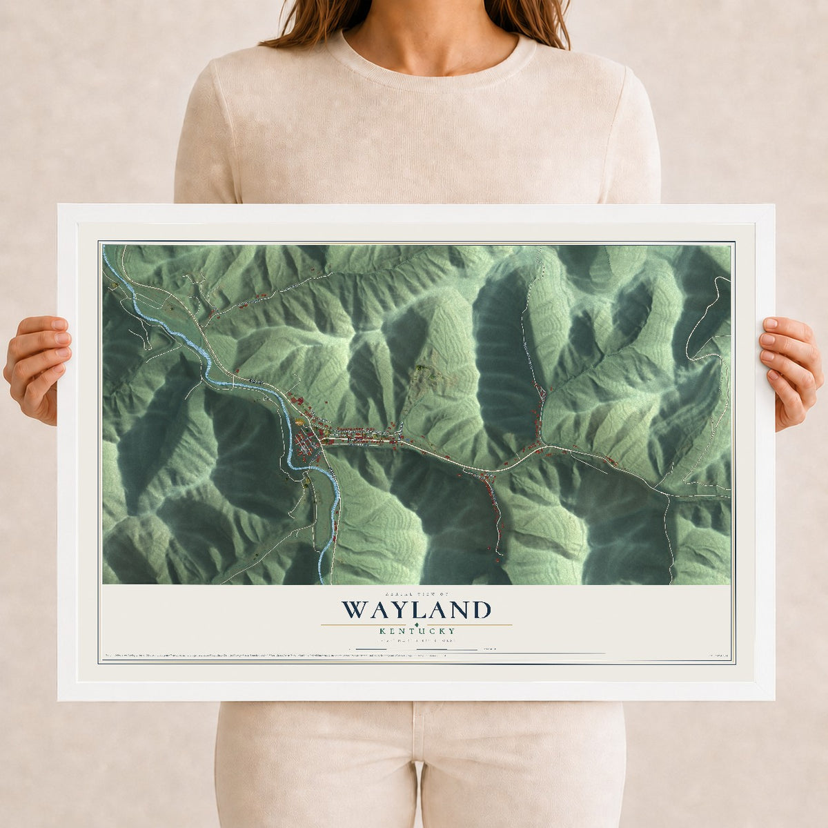 Map of Wayland, Kentucky, 12 x 18 inch print in a white wood frame
