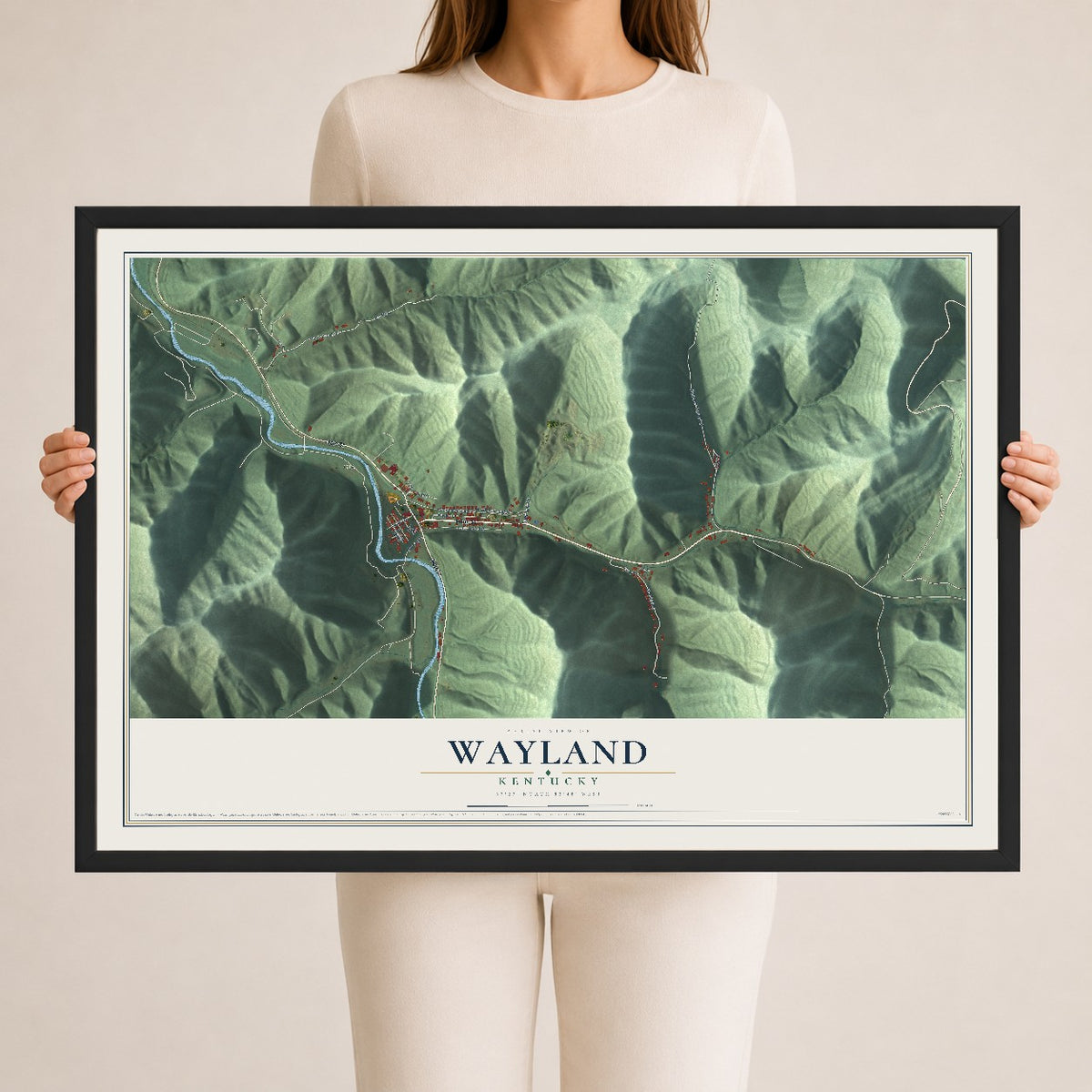 Map of Wayland, Kentucky, 24 x 36 inch print in a black wood frame