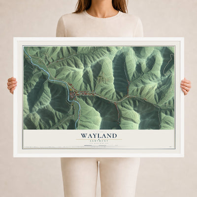 Map of Wayland, Kentucky, 24 x 36 inch print in a white wood frame