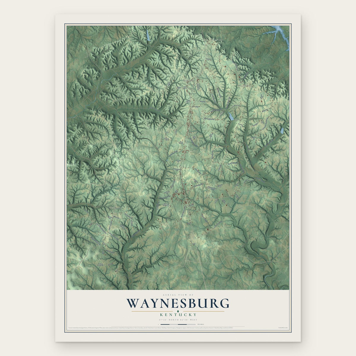 Waynesburg, Kentucky map print, the full design