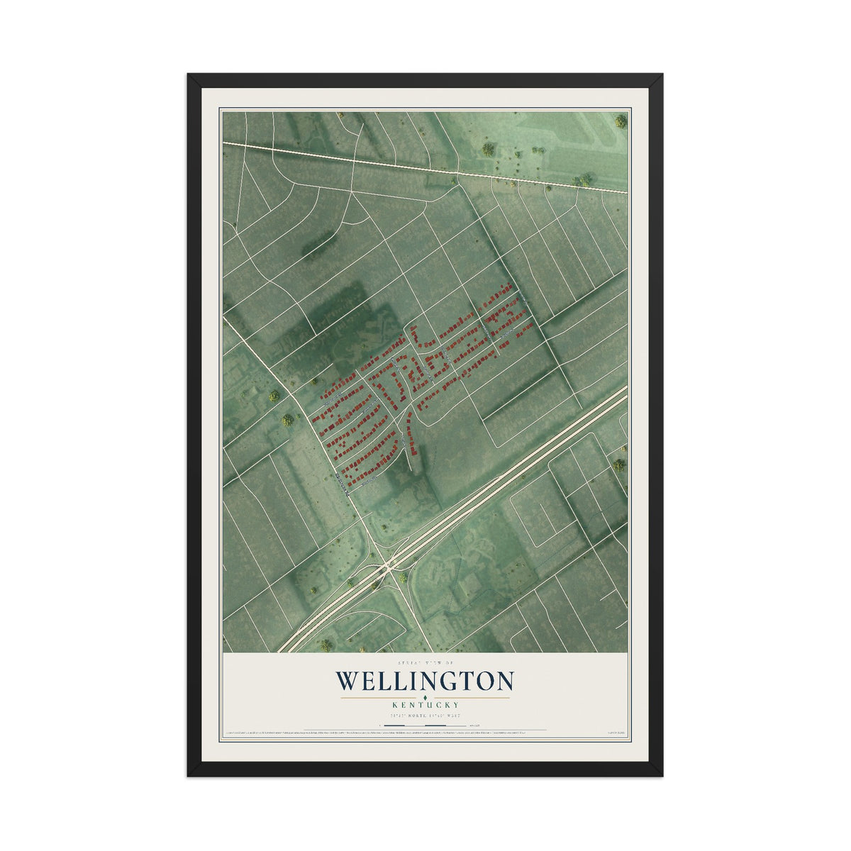 Map of Wellington, Kentucky, 12 x 18 inch print in a black wood frame
