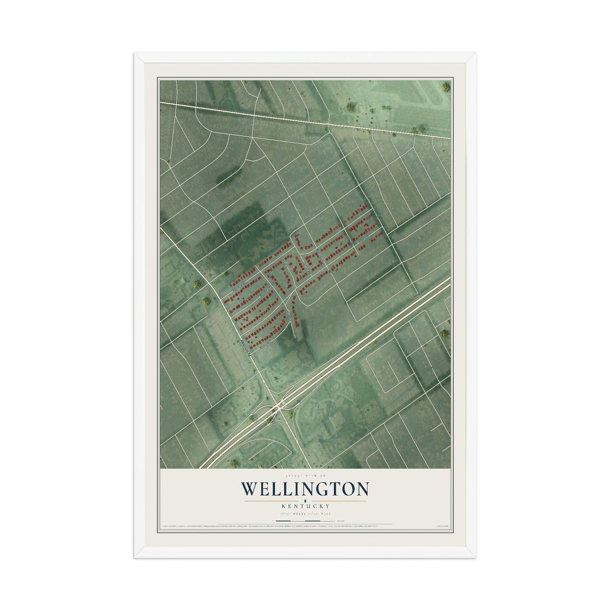 Map of Wellington, Kentucky, 12 x 18 inch print in a white wood frame