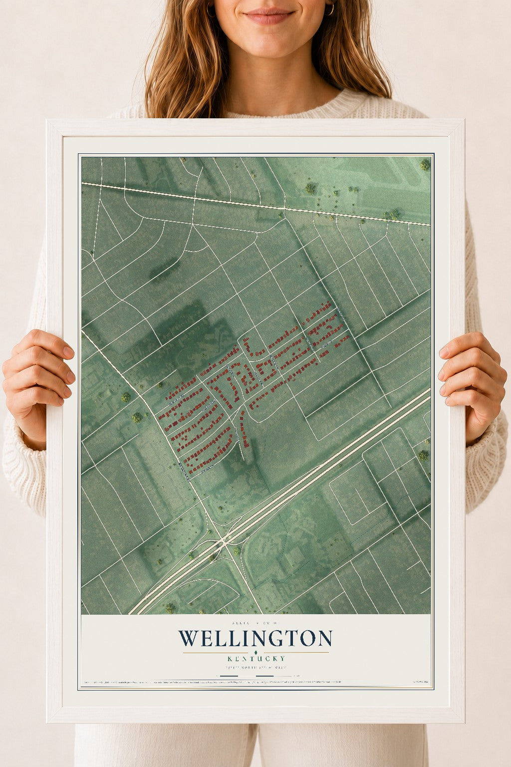 Map of Wellington, Kentucky, 18 x 24 inch print in a white wood frame