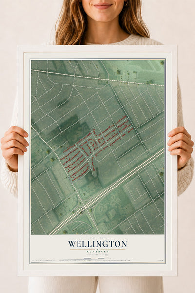 Map of Wellington, Kentucky, 18 x 24 inch print in a white wood frame