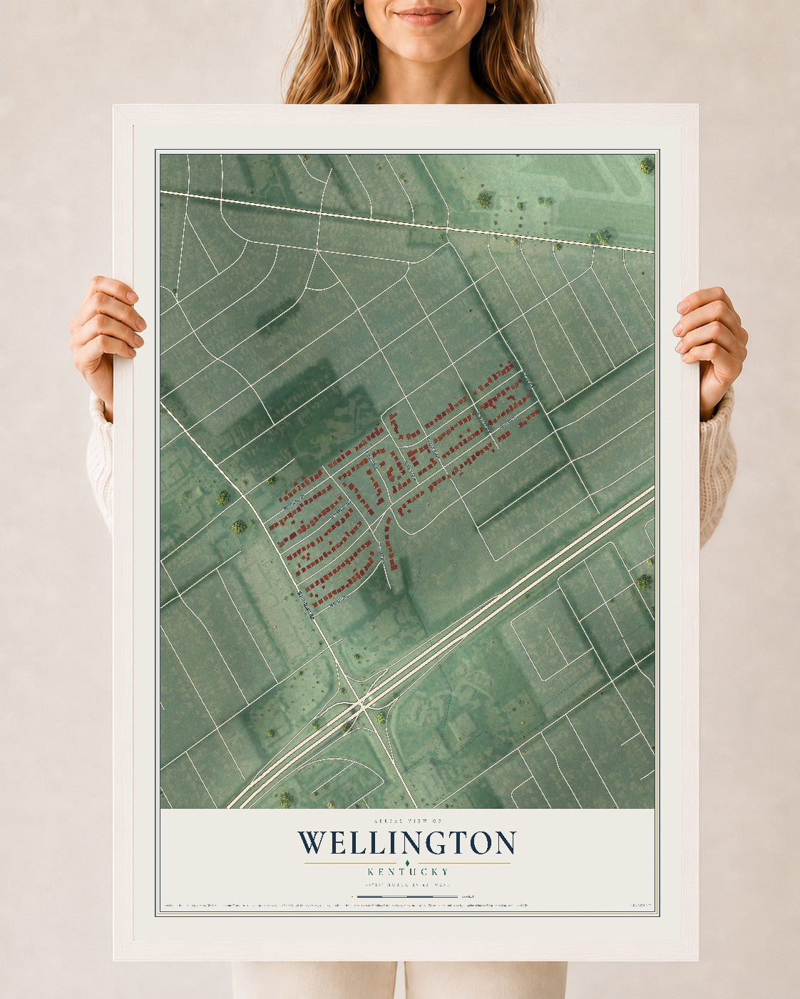 Map of Wellington, Kentucky, 24 x 36 inch print in a white wood frame