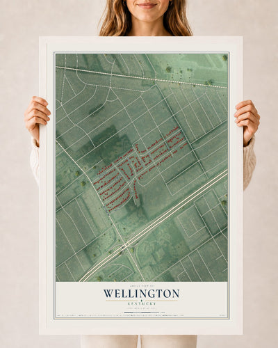 Map of Wellington, Kentucky, 24 x 36 inch print in a white wood frame