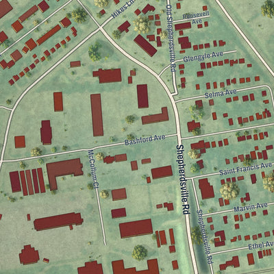 Close-up of the map of West Buechel, Kentucky print showing street and building detail