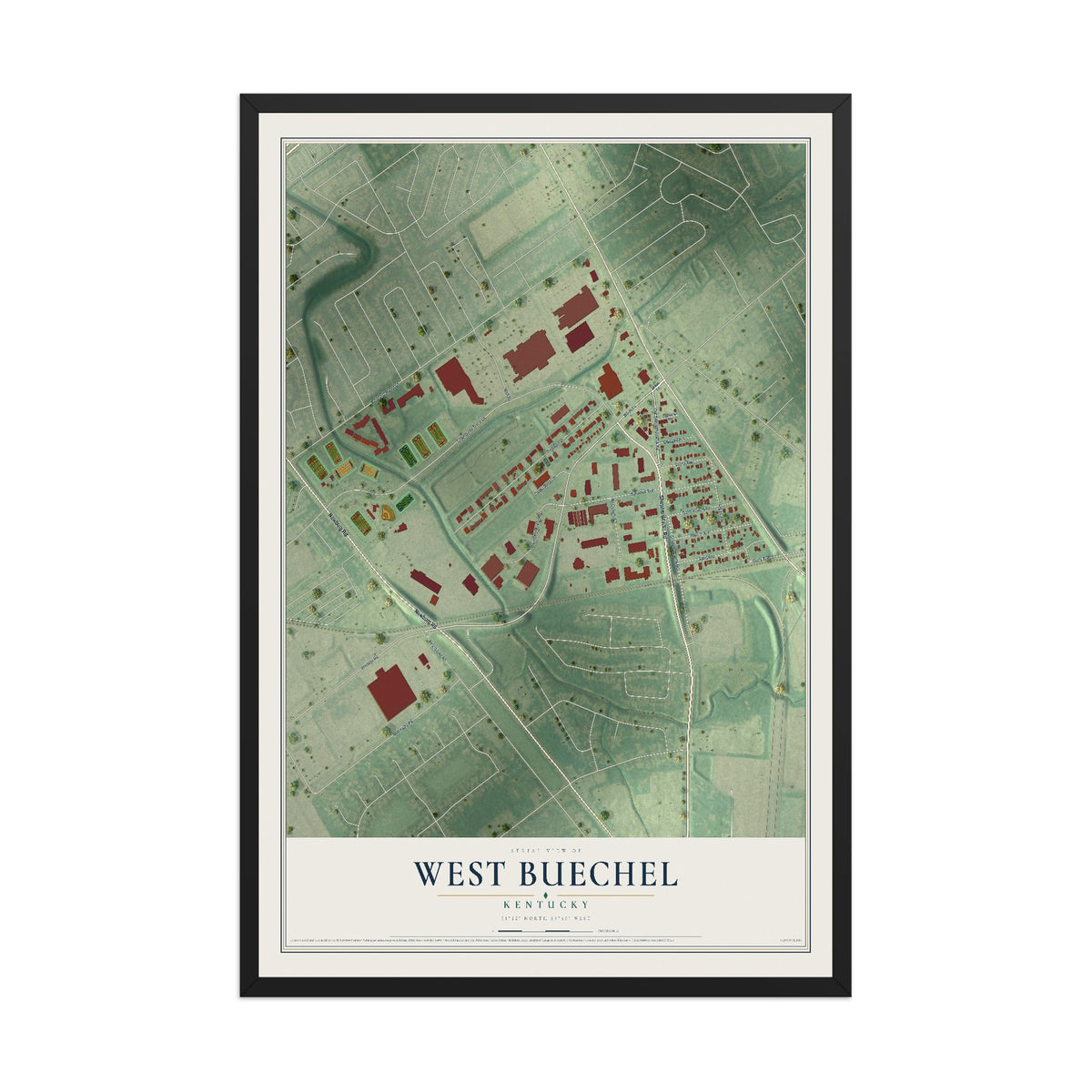 Map of West Buechel, Kentucky, 12 x 18 inch print in a black wood frame