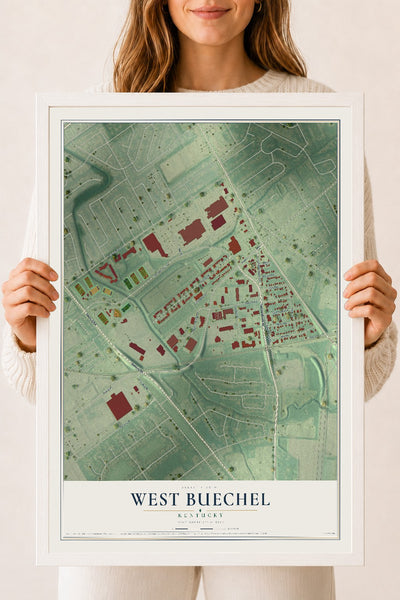 Map of West Buechel, Kentucky, 18 x 24 inch print in a white wood frame