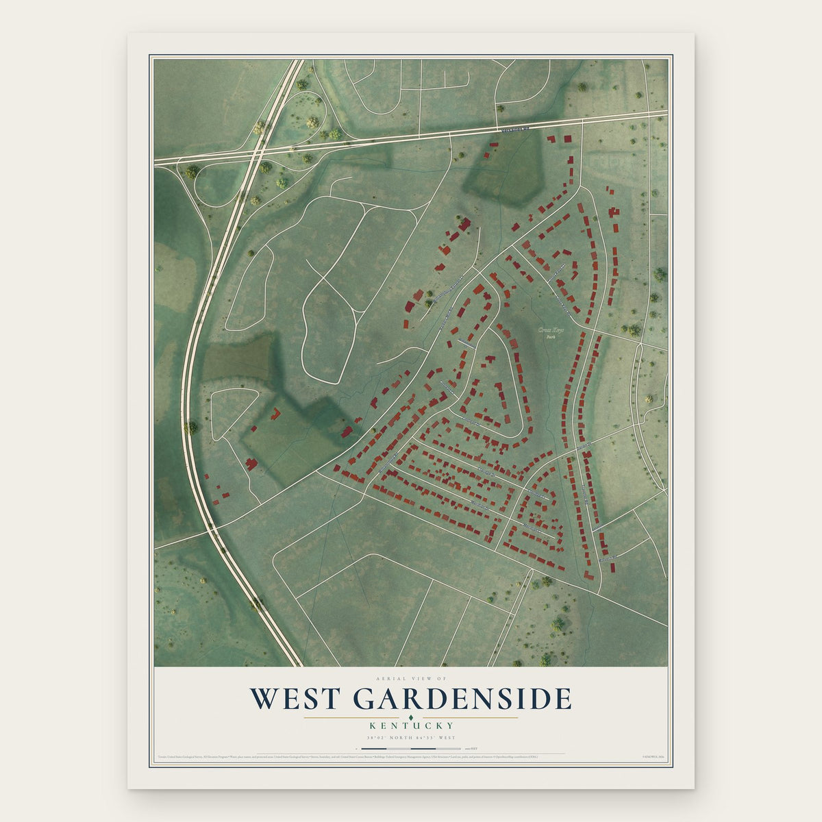 West Gardenside, Kentucky map print, the full design