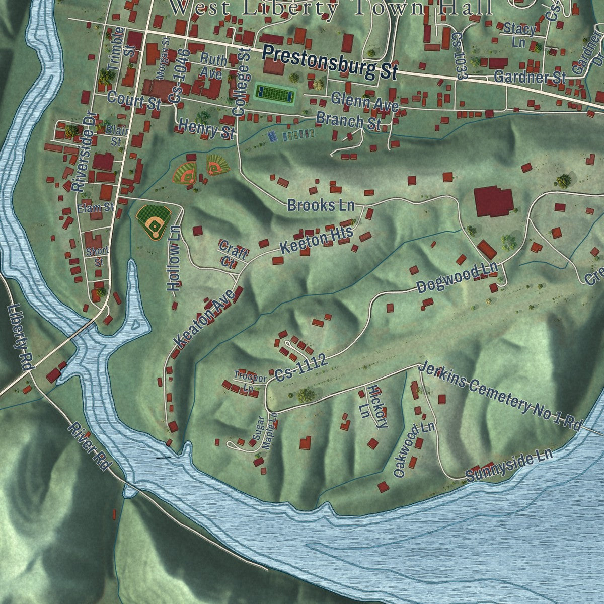 Close-up of the map of West Liberty, Kentucky print showing street and building detail