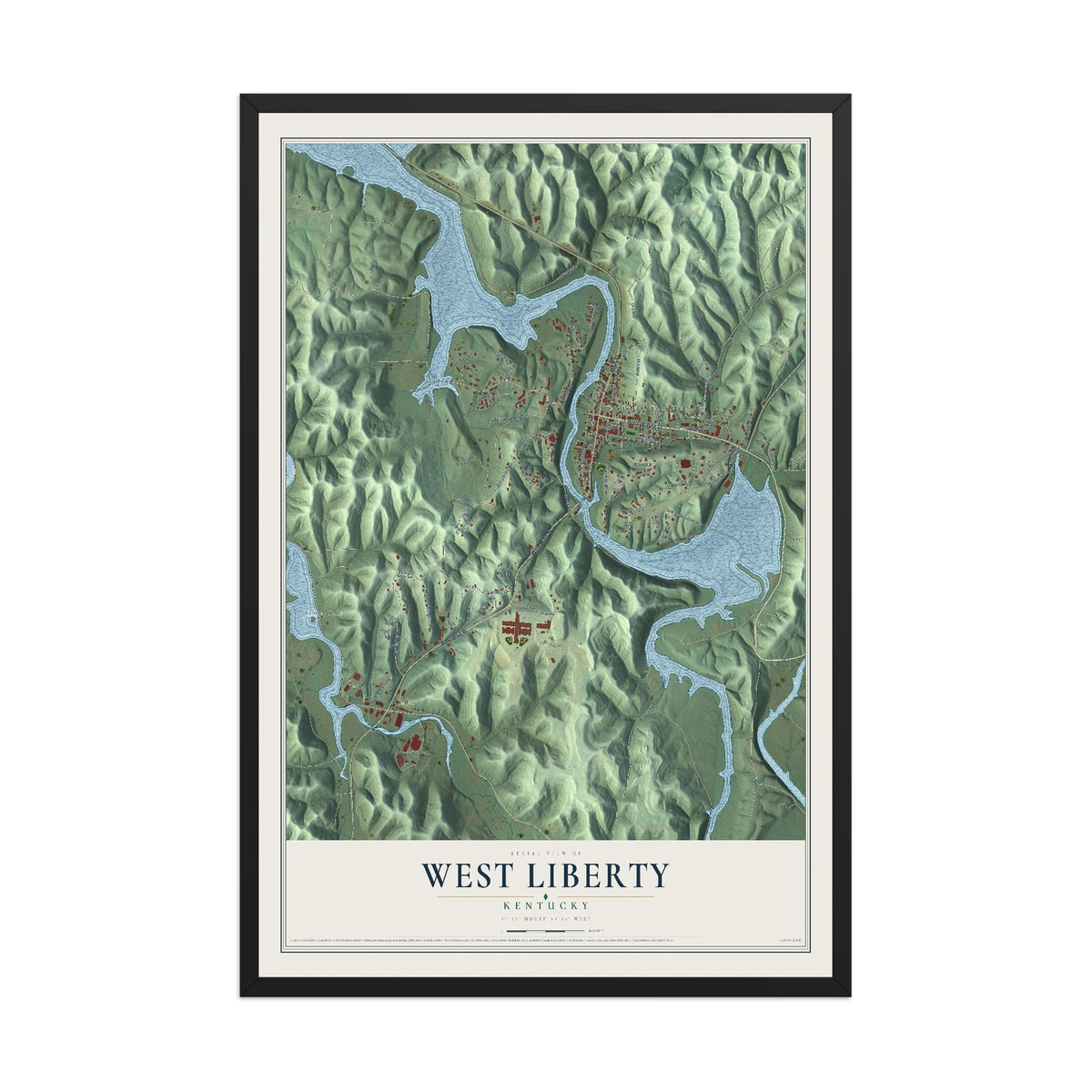 Map of West Liberty, Kentucky, 12 x 18 inch print in a black wood frame