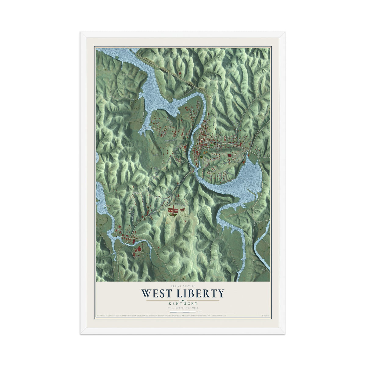 Map of West Liberty, Kentucky, 12 x 18 inch print in a white wood frame