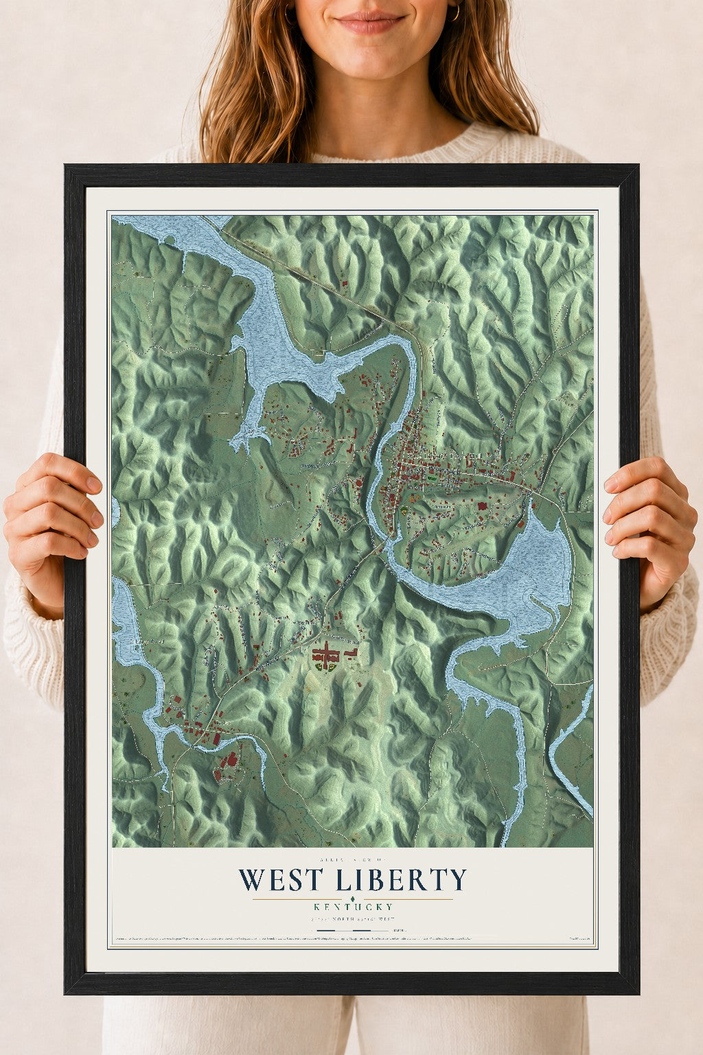 Map of West Liberty, Kentucky, 18 x 24 inch print in a black wood frame