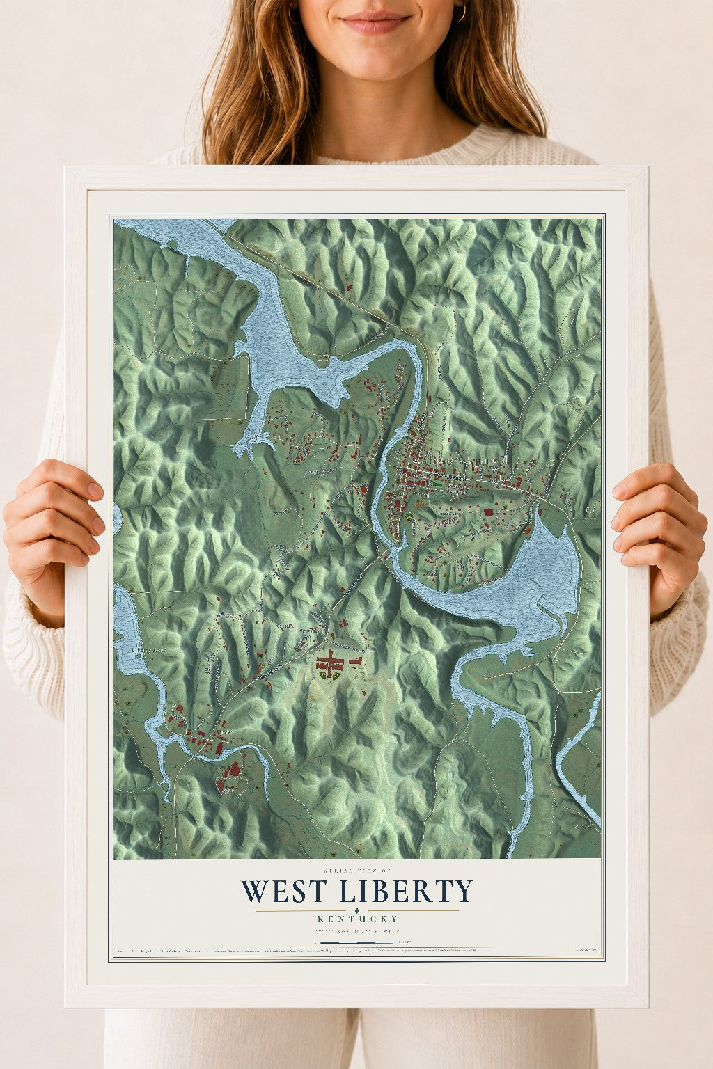 Map of West Liberty, Kentucky, 18 x 24 inch print in a white wood frame