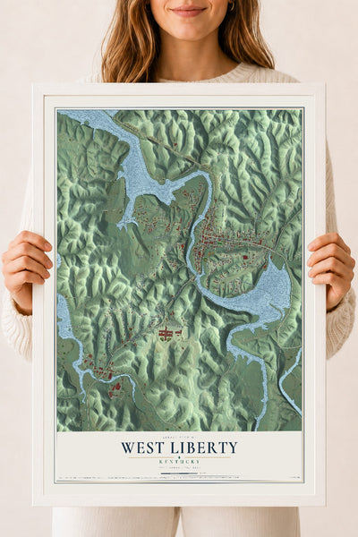 Map of West Liberty, Kentucky, 18 x 24 inch print in a white wood frame