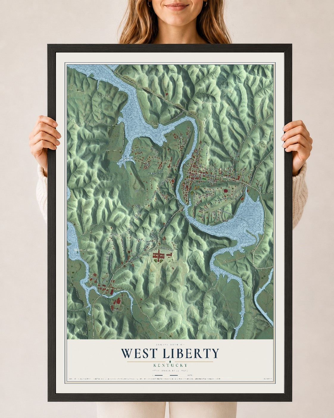 Map of West Liberty, Kentucky, 24 x 36 inch print in a black wood frame