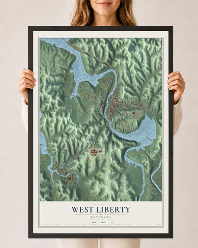 Map of West Liberty, Kentucky, 24 x 36 inch print in a black wood frame