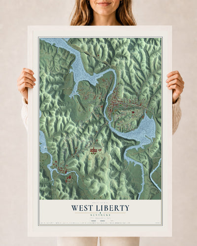 Map of West Liberty, Kentucky, 24 x 36 inch print in a white wood frame