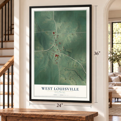 West Louisville, Kentucky map, 24 x 36 inch print in a black frame by a staircase