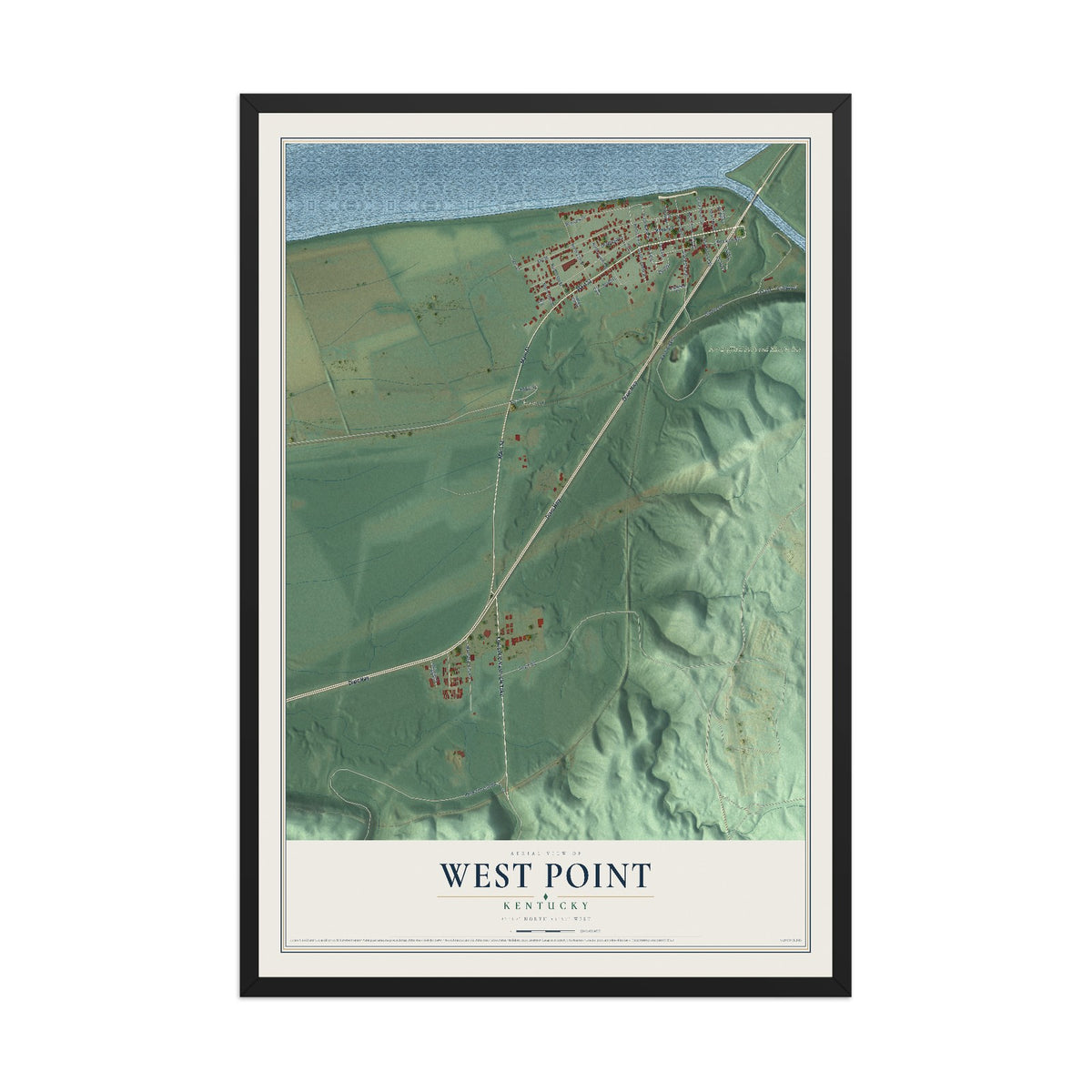 Map of West Point, Kentucky, 12 x 18 inch print in a black wood frame