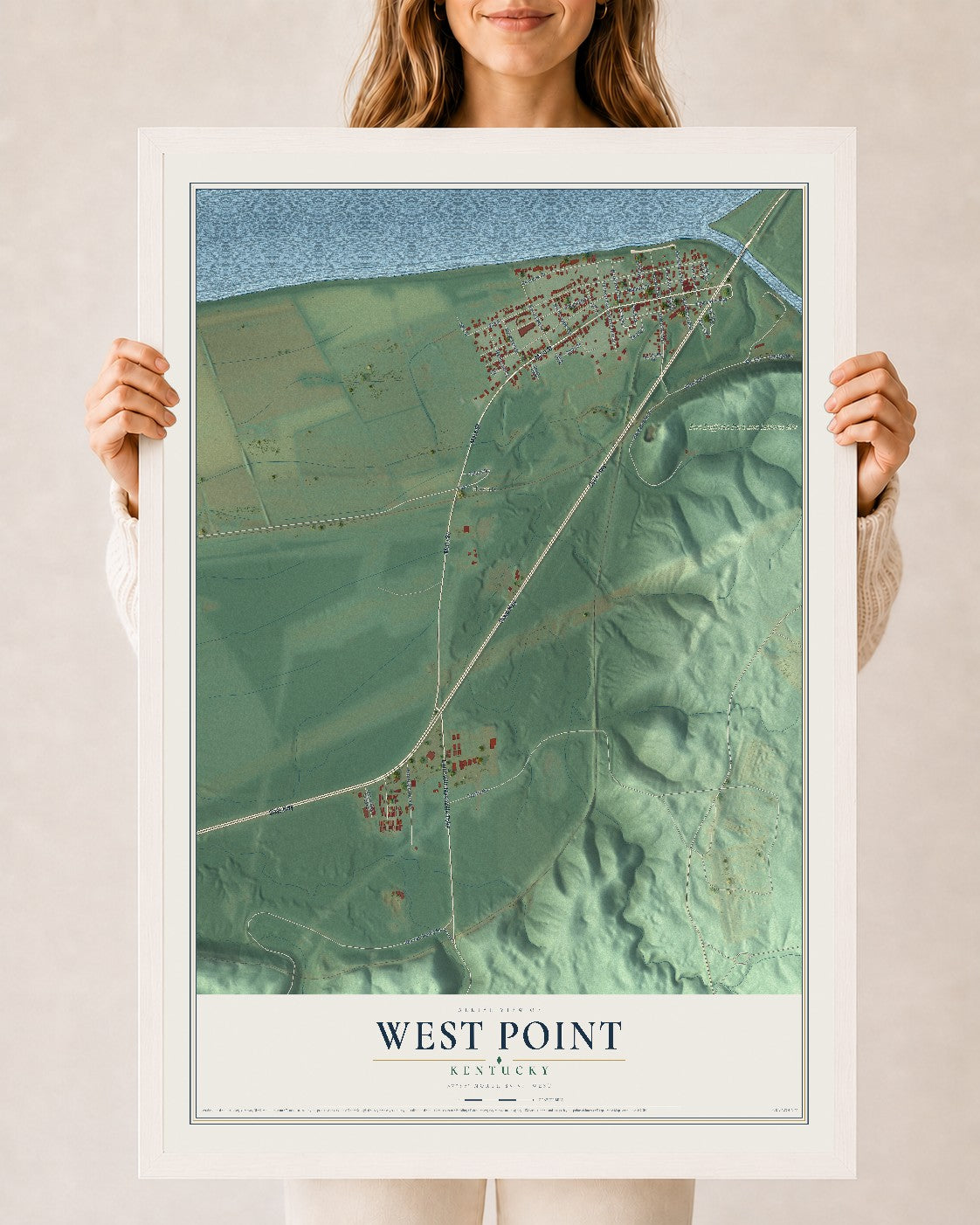 Map of West Point, Kentucky, 24 x 36 inch print in a white wood frame