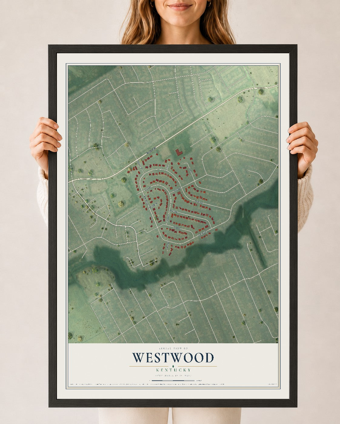 Map of Westwood, Kentucky, 24 x 36 inch print in a black wood frame
