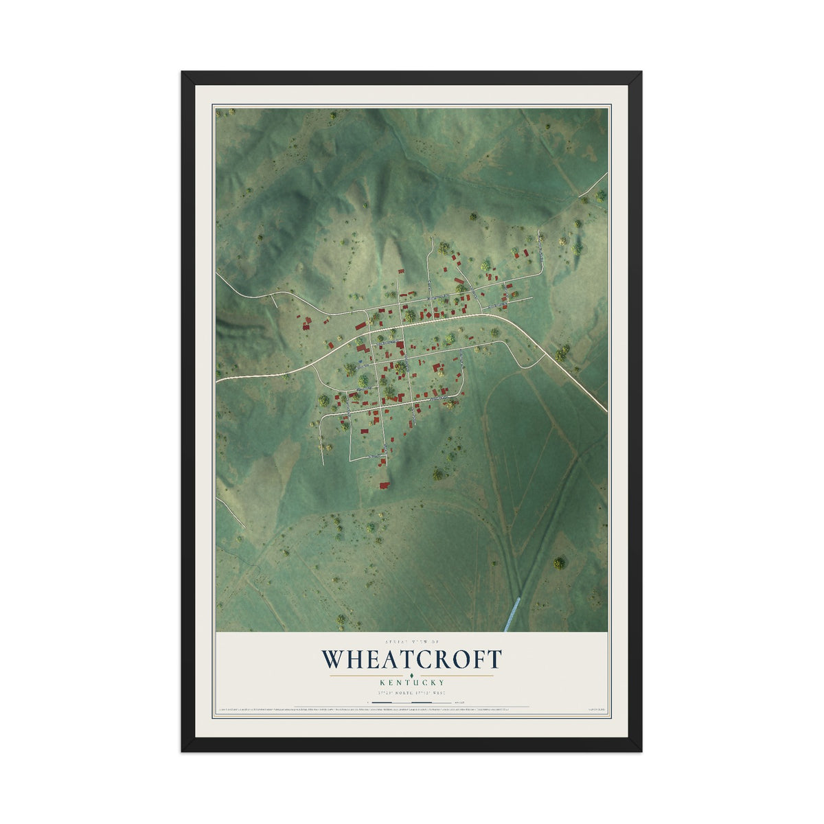 Map of Wheatcroft, Kentucky, 12 x 18 inch print in a black wood frame