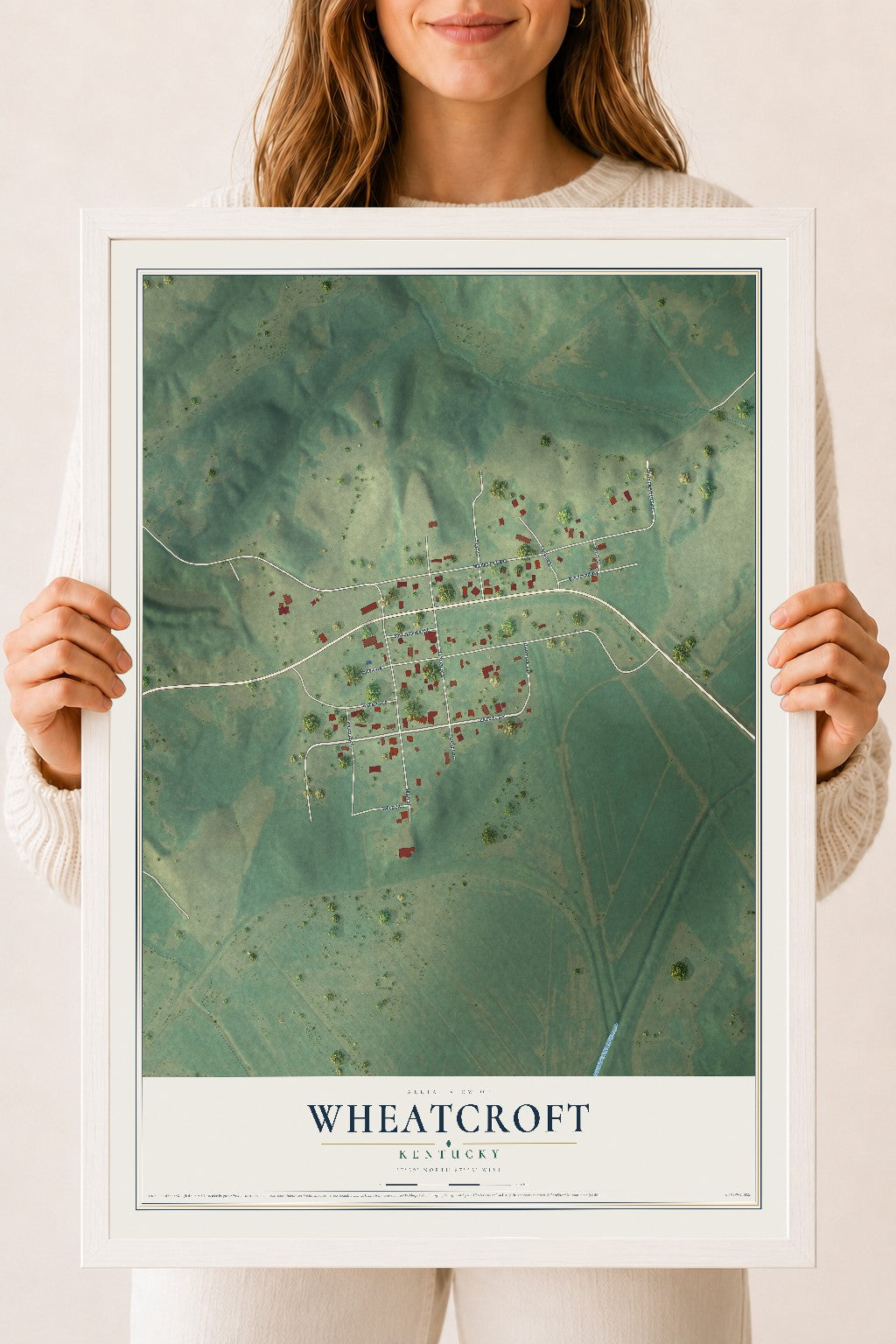 Map of Wheatcroft, Kentucky, 18 x 24 inch print in a white wood frame