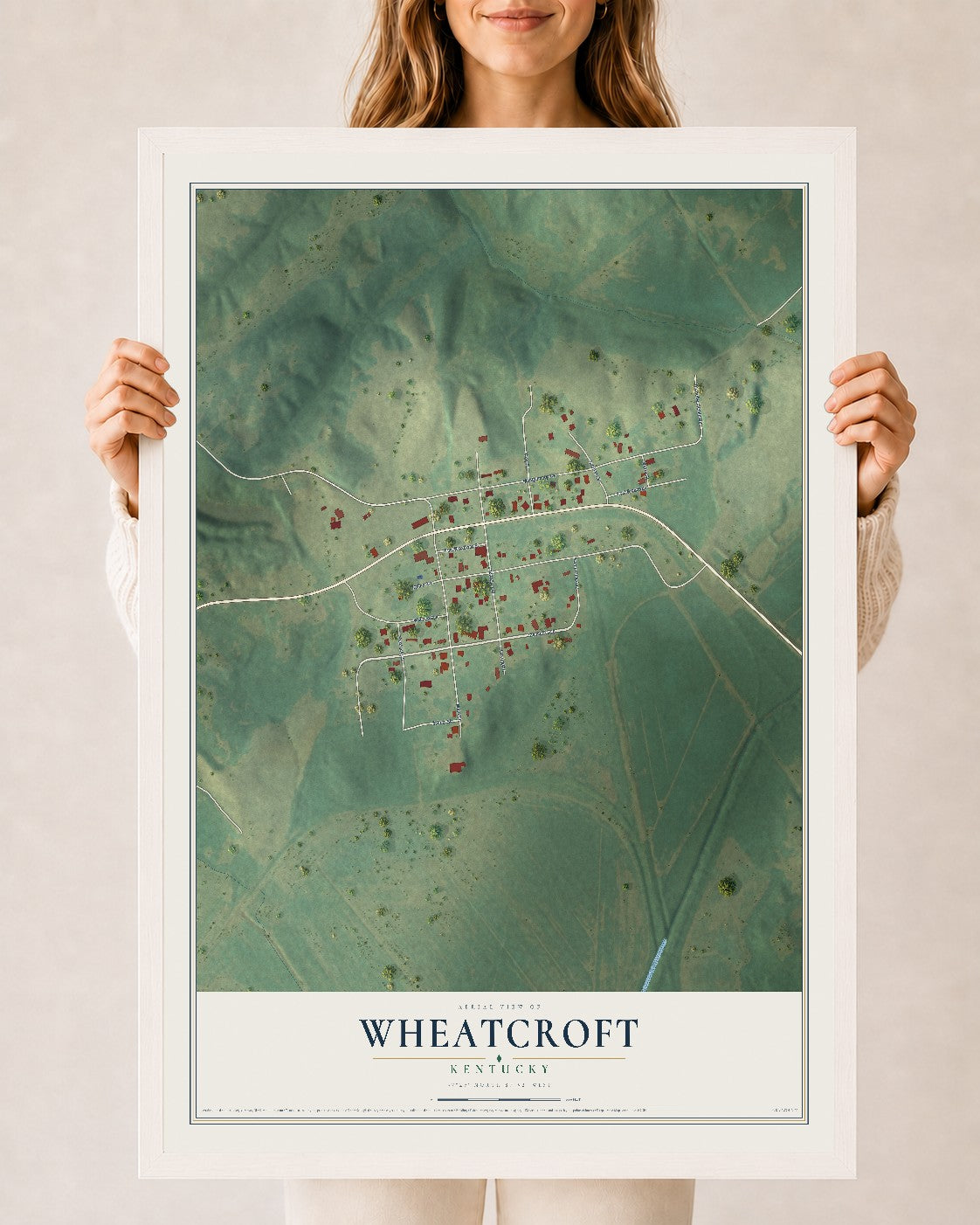 Map of Wheatcroft, Kentucky, 24 x 36 inch print in a white wood frame