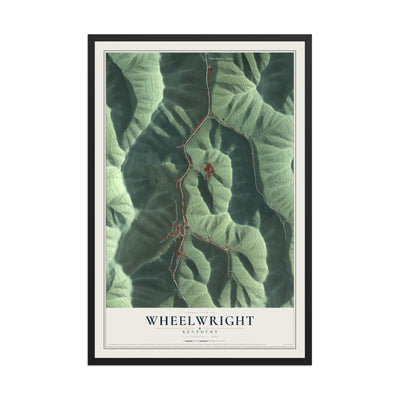 Map of Wheelwright, Kentucky, 12 x 18 inch print in a black wood frame