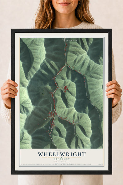 Map of Wheelwright, Kentucky, 18 x 24 inch print in a black wood frame