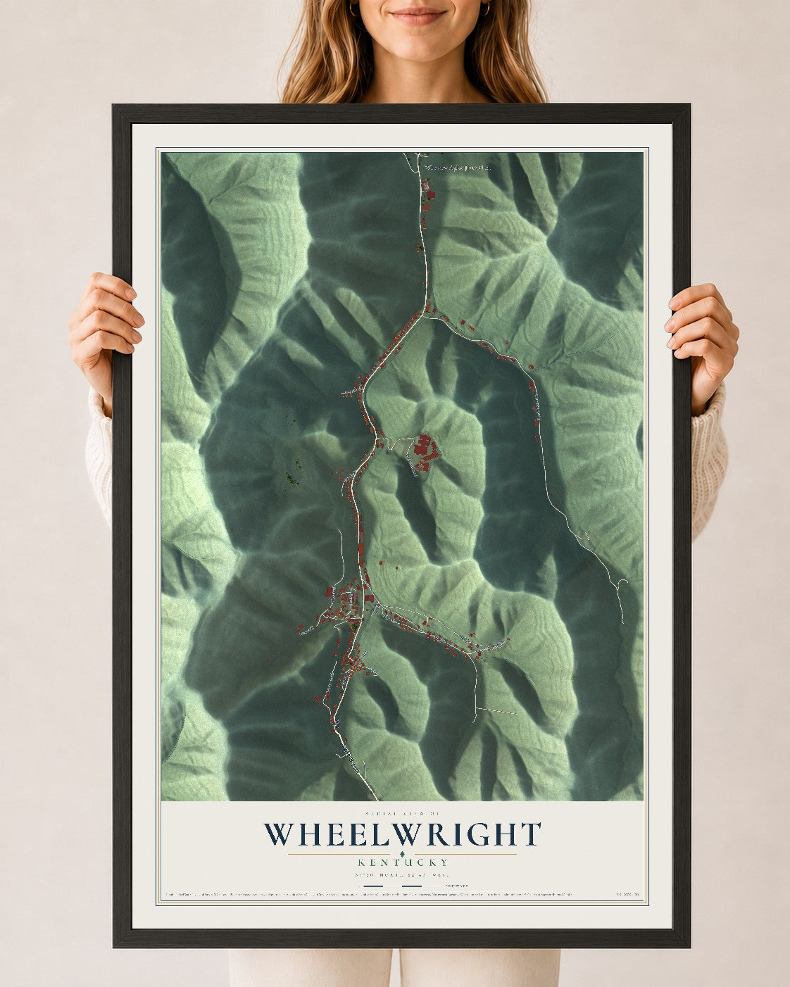 Map of Wheelwright, Kentucky, 24 x 36 inch print in a black wood frame