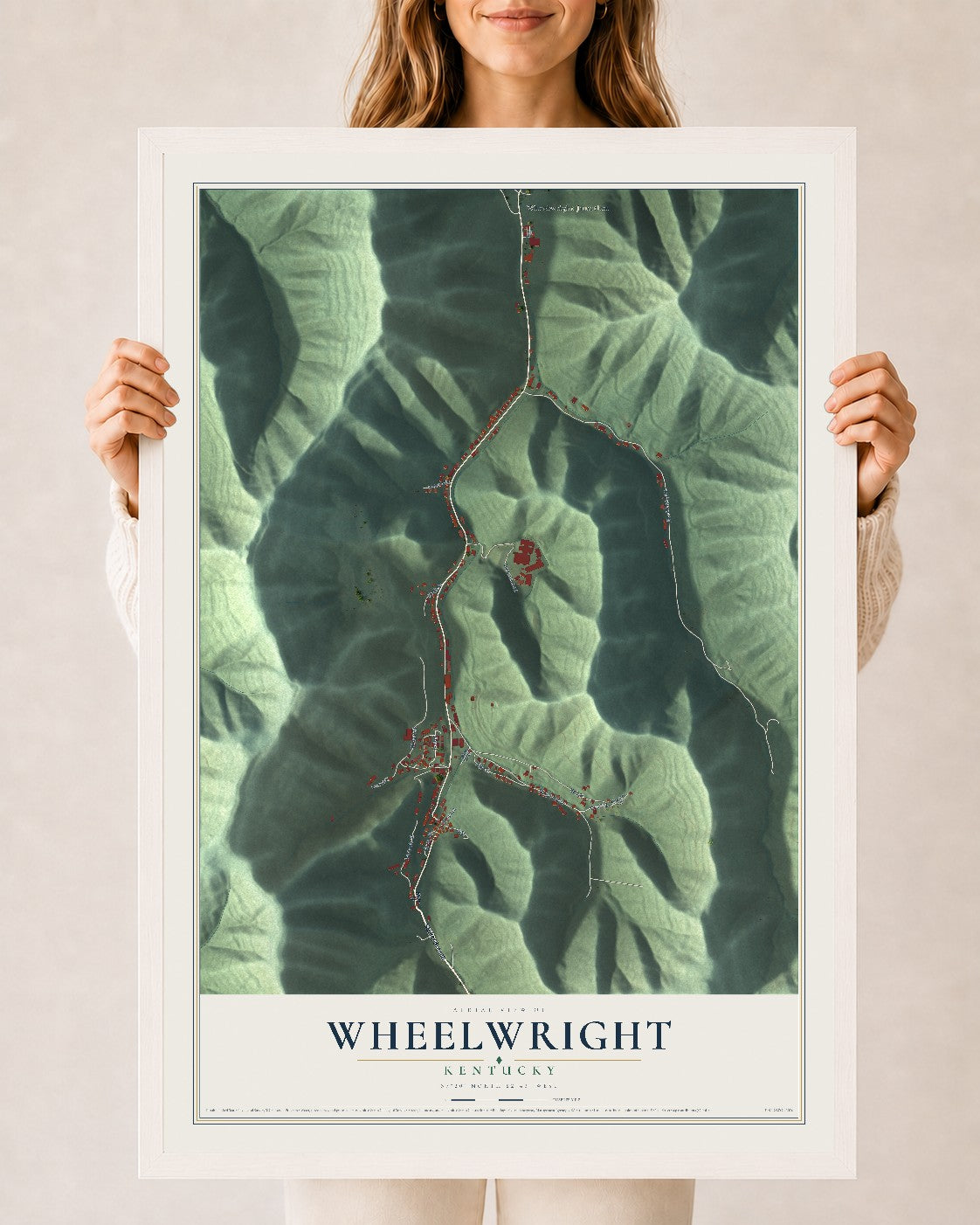 Map of Wheelwright, Kentucky, 24 x 36 inch print in a white wood frame
