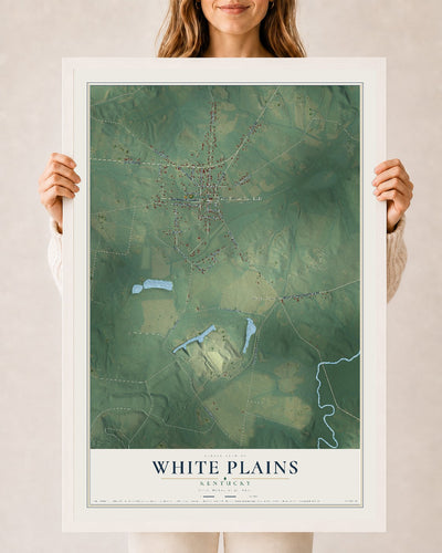Map of White Plains, Kentucky, 24 x 36 inch print in a white wood frame