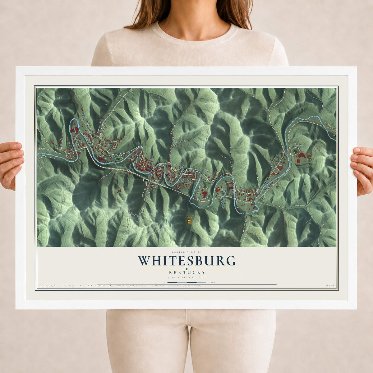 Map of Whitesburg, Kentucky, 18 x 24 inch print in a white wood frame
