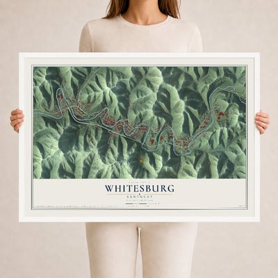 Map of Whitesburg, Kentucky, 24 x 36 inch print in a white wood frame