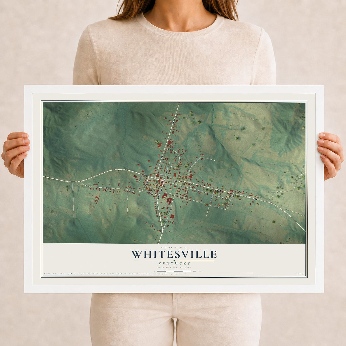 Map of Whitesville, Kentucky, 12 x 18 inch print in a white wood frame