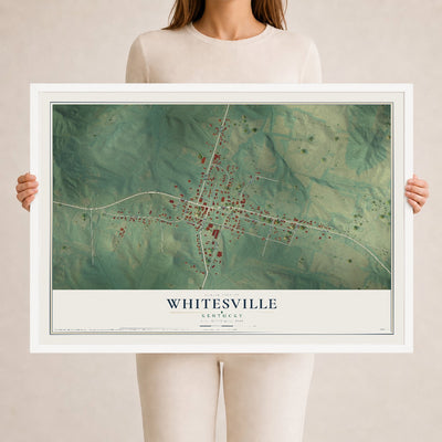 Map of Whitesville, Kentucky, 24 x 36 inch print in a white wood frame